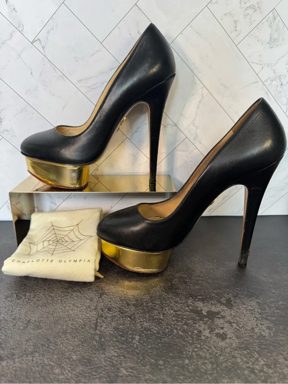 Charlotte Olympia Black Dolly Heels, Gold Platform Pumps, Size 38